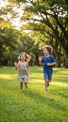 Fototapeta premium Two cheerful children, a boy and a girl, run through a sun-drenched park, their faces beaming with laughter and joy as they play amongst lush green grass and mature trees.