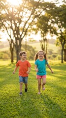 Fototapeta premium Two joyful children, a boy and a girl, with beaming smiles run through a sun-drenched park, their laughter echoing amidst the lush green grass and towering trees.