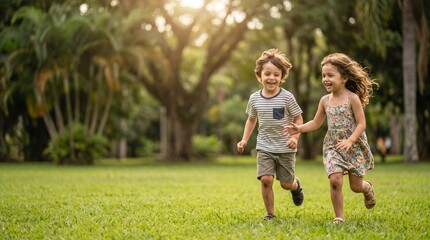 Fototapeta premium Two joyful children, a boy and a girl, hold hands while running barefoot across a lush green lawn in a park, bathed in the warm light of the sun filtering through the trees.