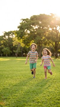 Two smiling children, a boy and a girl, joyfully race across a sun-drenched grassy field, their energetic strides capturing the essence of carefree childhood.