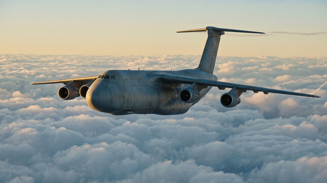 Military cargo aircraft flying above clouds at sunset for logistics and transport concepts