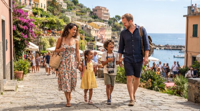A joyful family walks hand-in-hand down a charming cobblestone street in a picturesque Italian village, with colorful buildings and the sparkling sea in the background.