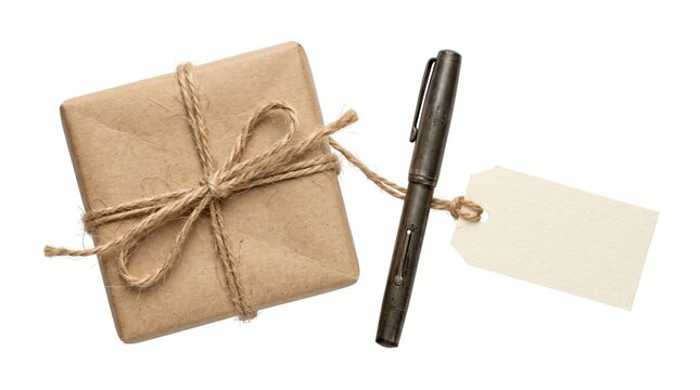 Wrapped kraft paper gift box with vintage fountain pen and blank paper tag. This minimalist composition features rustic twine and a classic writing instrument on white.
