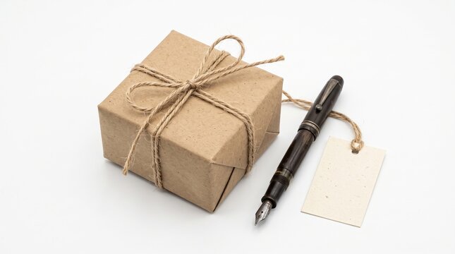 Wrapped kraft paper gift box with fountain pen and blank tag on white background. This minimalist composition features a rustic parcel tied with twine for a personal touch.