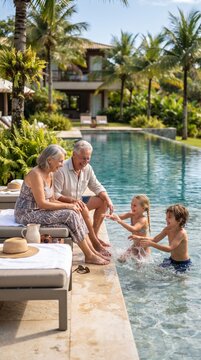 A joyful intergenerational family enjoys a sunny day by the pool, with grandparents watching their grandchildren play in the water.