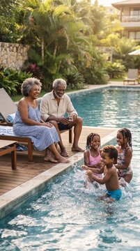 A multi-generational family enjoys a sunny day by the pool, with grandparents watching their grandchildren splash and play in the refreshing water, embodying a moment of pure joy and connection.