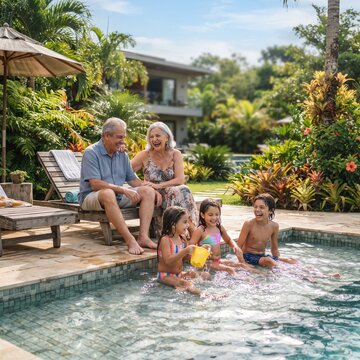 A joyful multi-generational family creates lasting memories by the shimmering poolside of a tropical villa, with grandparents watching their grandchildren splash and play in the crystal-clear water.