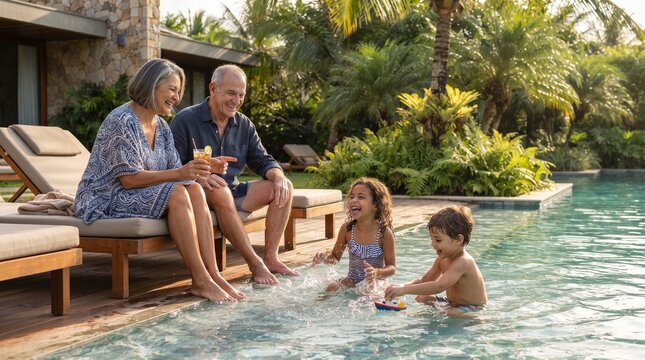 Grandparents relax by the pool while their grandchildren play in the water, creating a heartwarming scene of family bonding during a sun-drenched vacation.