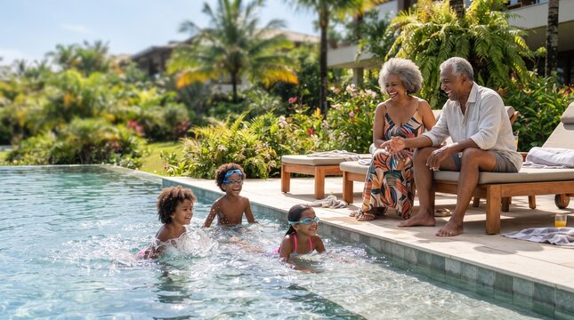 A multi-generational family enjoys a sunny day by the swimming pool, with grandparents relaxing poolside while children splash and play in the water, surrounded by lush tropical foliage.