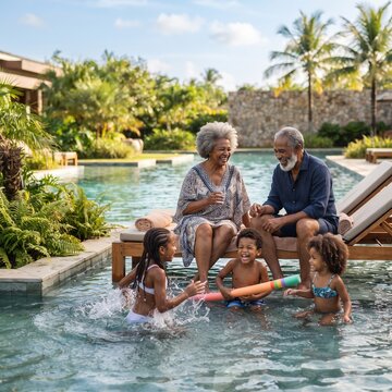 A multi-generational family enjoys a sunny day by the pool, with grandparents watching their grandchildren splash and play in the water.