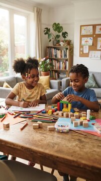 Two young Black children, a girl and a boy, engrossed in playful learning at a wooden table, the girl draws while the boy builds with blocks.