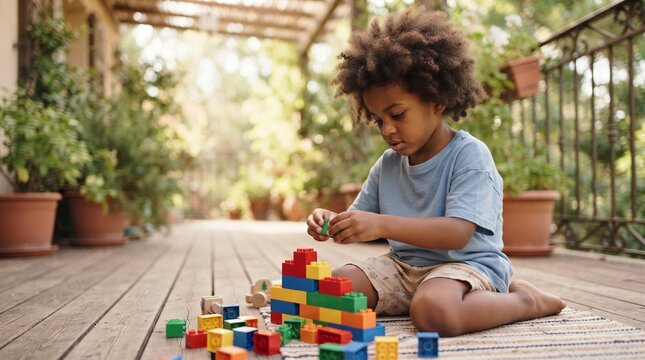 A young boy of African descent with curly hair sits on a wooden floor, engrossed in building a colorful tower with blocks, surrounded by potted plants.
