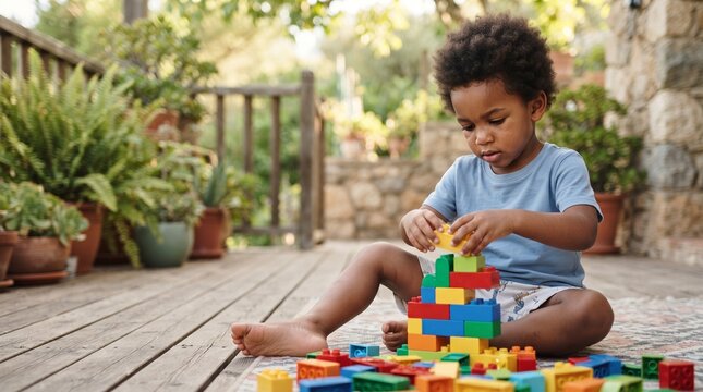 A young boy with an afro sits on a wooden deck, engrossed in building a colorful tower with interlocking plastic blocks, surrounded by potted plants and bathed in soft sunlight.