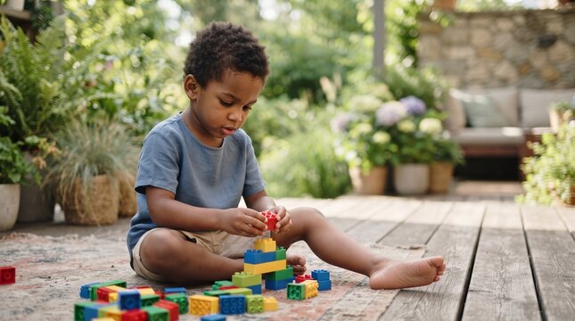 A young boy is engrossed in building with colorful blocks on a wooden deck, surrounded by lush greenery and potted plants.