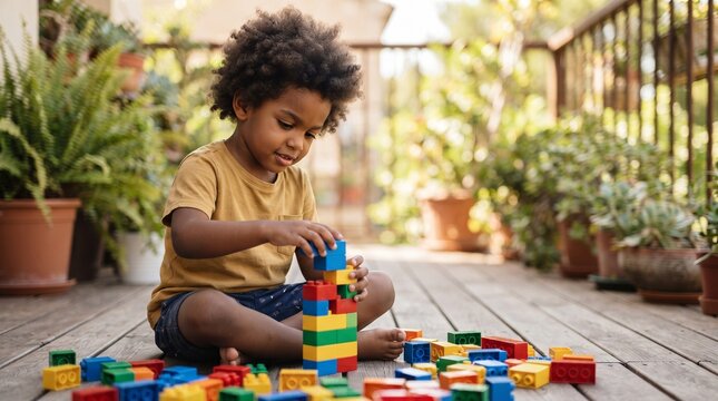 A young Black boy engrossed in building a colorful tower with toy blocks on a wooden deck, surrounded by lush greenery.
