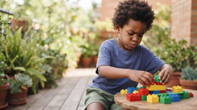 A young boy with curly hair concentrates intently as he builds a colorful creation with building blocks on an outdoor patio surrounded by lush greenery.