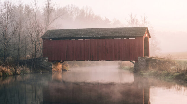 Red covered bridge over a misty river at sunrise in a rural landscape