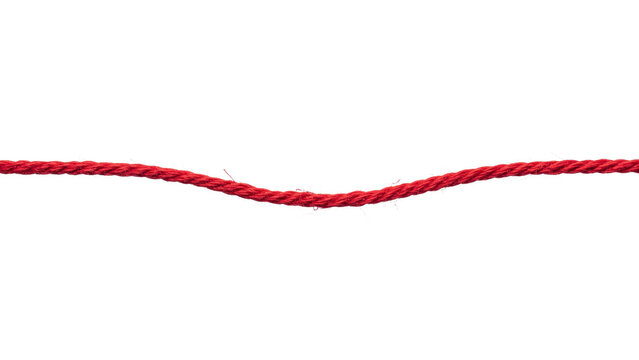 Single piece of vibrant red cord stretched horizontally across a clean white background showing fine textured fiber details captured with sharp focus and professional studio lighting to highlight the
