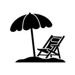 Beach umbrella and lounge chair icon featuring black vacation travel symbols for summer holiday planning resort advertisements leisure activities and coastal theme. © Handmade