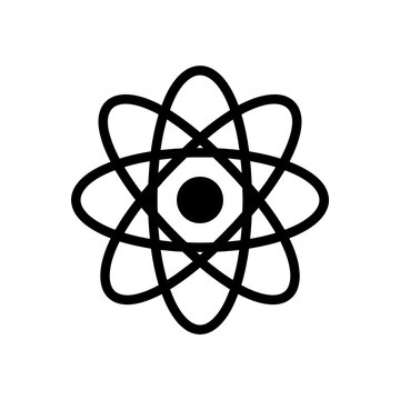 Atomic structure icon with simple black silhouette for science education nuclear physics research laboratory experiment technology and innovative learning graphic asset.