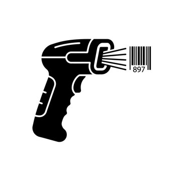 Barcode scanner gun silhouette icon with laser rays capturing product data represents retail commerce inventory tracking point of sale payment checkout systems.