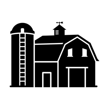 Farm barn with silo silhouette icon represents agricultural building structure for rural life harvesting livestock management farming estate property land assets.