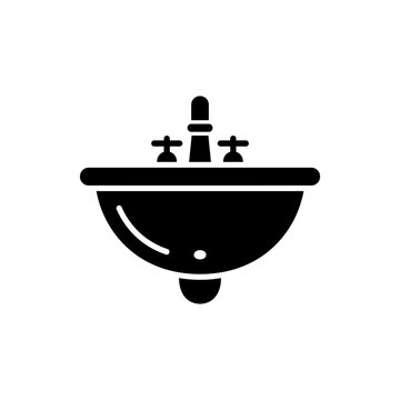 Black sink icon with faucet hardware on grid background represents essential washbasin element for modern kitchen or bathroom plumbing and home design projects.
