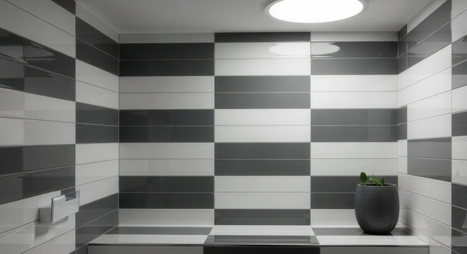 Modern Bathroom Interior with Checkerboard Tile Pattern Contemporary Design Monochrome Palette and Minimalist Decor