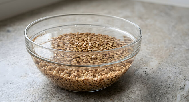 Raw buckwheat groats soaking in a clear glass bowl