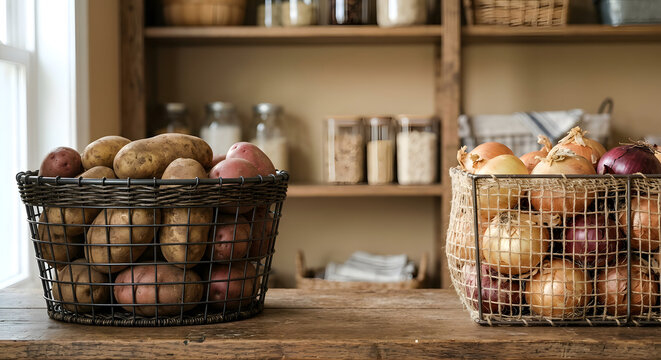 Potatoes and onions stored separately in ventilated containers