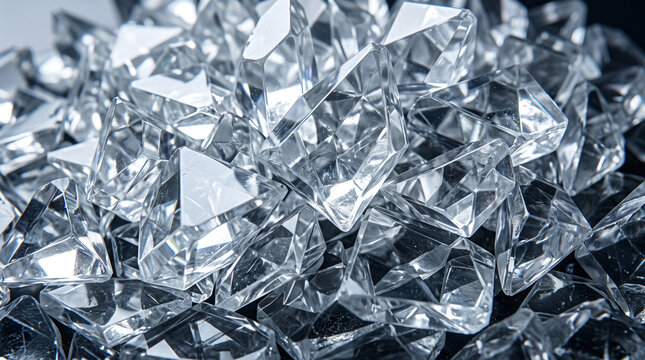 Pile of sparkling clear crystals or diamonds with sharp facets and brilliant light reflection