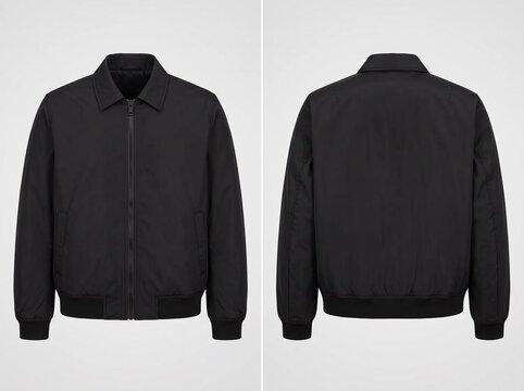 Front and back view of a minimalist black harrington jacket for men isolated on a light gray background