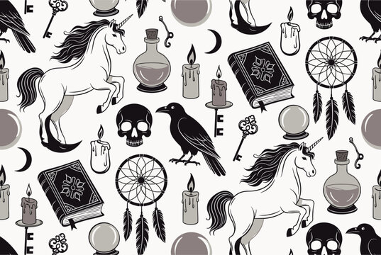 Magic occult and witchcraft seamless pattern featuring majestic unicorns, mystic crows, burning candles, and skulls.