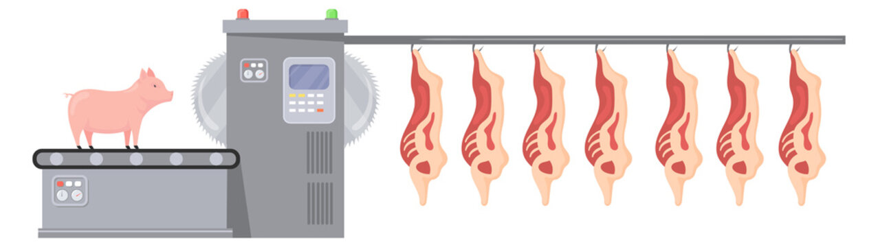 Industrial butchery illustration. Cartoon meat production manufacture