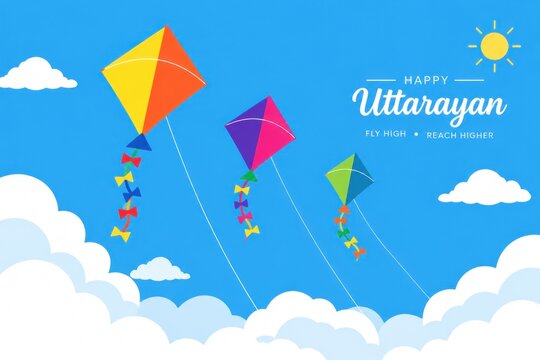 Happy Uttarayan festival illustration, colorful kites flying in blue sky with clouds