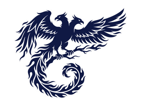 Dark blue silhouette of a two-headed phoenix bird with spread wings, perched on a branch, isolated on a white background