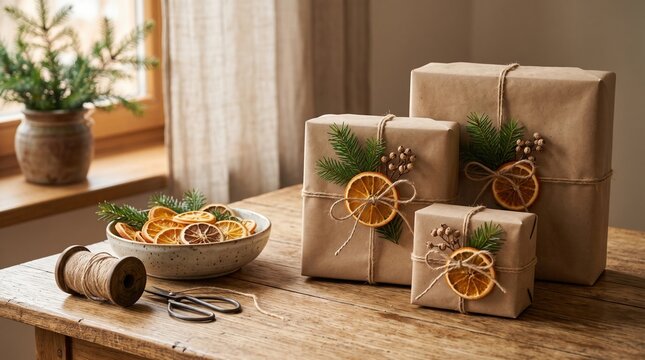 Rustic christmas gift boxes wrapped in kraft paper with dried orange slices and fir branches on a wooden table. These handmade presents feature natural twine decorations.