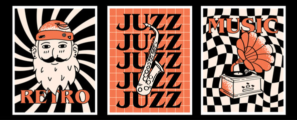 Fototapeta premium Retro jazz music festival posters set. Groovy 70s vector illustrations with saxophone, gramophone, and vintage portrait for party events.