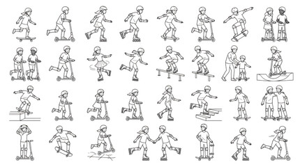 Obraz premium Collection of line drawings showcasing children engaged in various wheeled activities