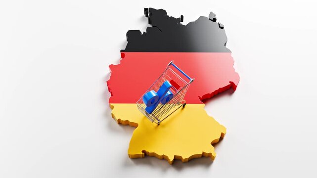 Inflation in Germany concept: A shopping cart with a percent sign on a 3d map of Germany overlayed by the German flag. Camera panning up