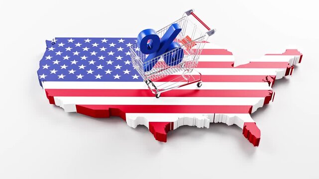 Inflation in the USA concept: A shopping cart with a percent sign on a 3d map of the United States overlayed by the American flag. Camera panning up