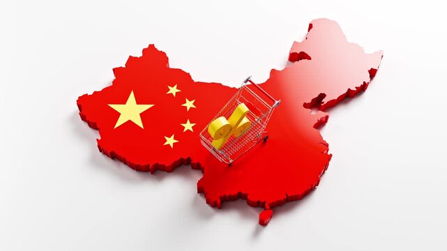 Inflation in China concept: A shopping cart with a percent sign on a 3d map of China overlayed by the Chinese flag. Camera panning up