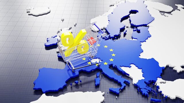Inflation in the European Union (EU) concept: A moving shopping cart with a percent sign on a 3d map of Europe overlayed by the European flag. Camera panning up