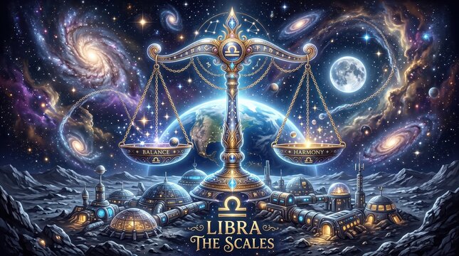A very detailed illustration of the zodiac sign Libra, presented in a cosmic style.