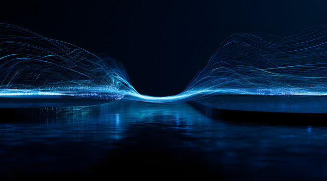 A digital bridge of blue glowing lines extends between two dark platforms. Data flows across this futuristic gap, symbolizing information exchange and network connectivity.