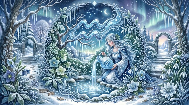A horoscope illustration for Aquarius set within a winter garden