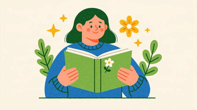 Reading concept hands holding an open book with a delicate flower bookmark gentle reading gesture bright clean minimal background soft pastel color palette literary lifestyle icons