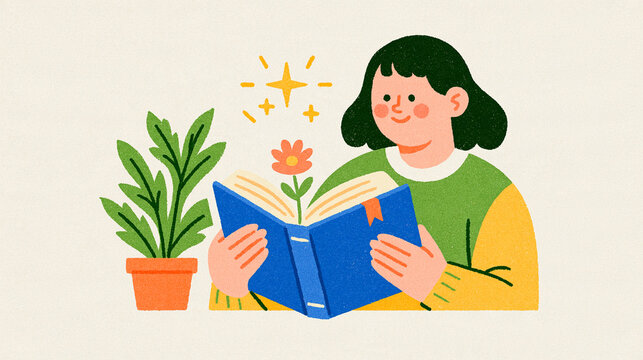 Reading concept hands holding an open book with a delicate flower bookmark gentle reading gesture bright clean minimal background soft pastel color palette literary lifestyle icons