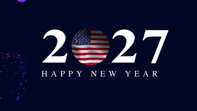 2027 happy new year with waving american flag animated video title overlay, waving us flag badge with fireworks for patriotic events