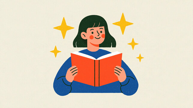 Literacy and reading club concept faceless woman figure viewed from behind holding an oversized red book joyful confident posture european figure accents bright clean minimal